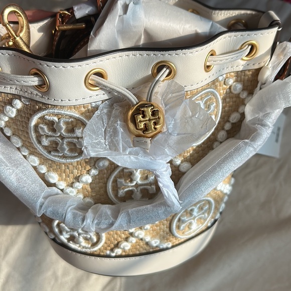 Tory Burch T Monogram Embroidered Raffia Mini Bucket Bag New Ivory - Picture 7 of 10